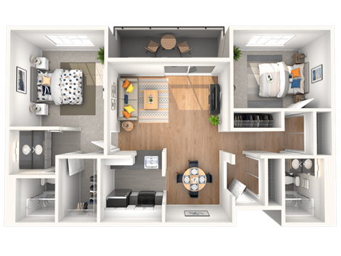 A 3D floor plan of a small apartment with a kitchen, living room, and bedroom.